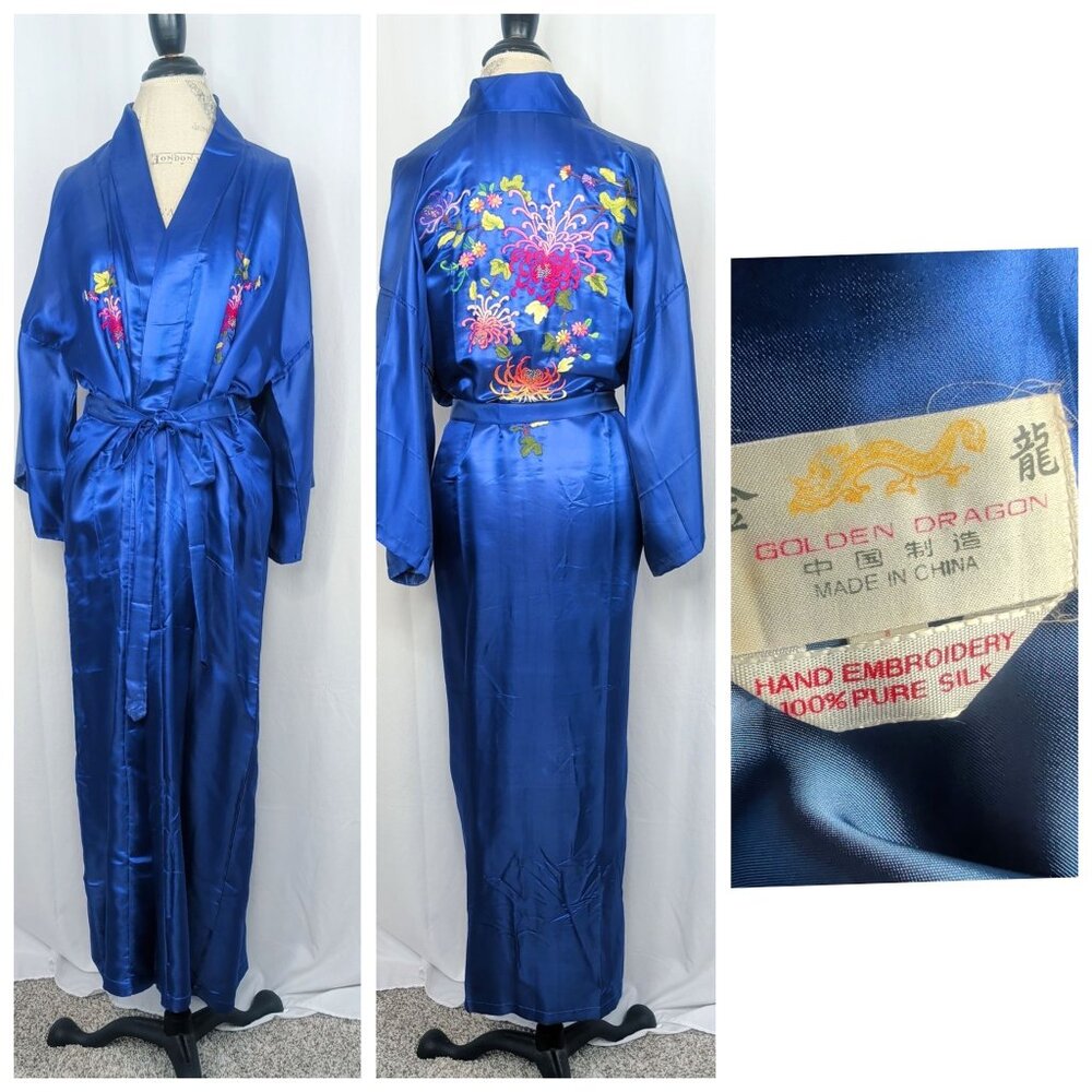 Vintage Golden Dragon Kimono Small Medium Blue Floral Silk Embroidery